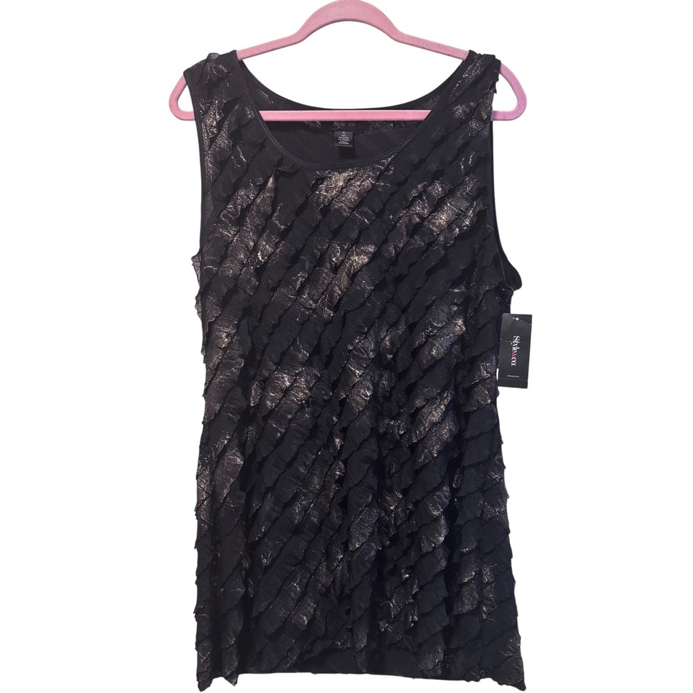 Modern Festive NWT Luxe Black Gold Metallic Ruffle Sleeveless Tunic Top XL Party